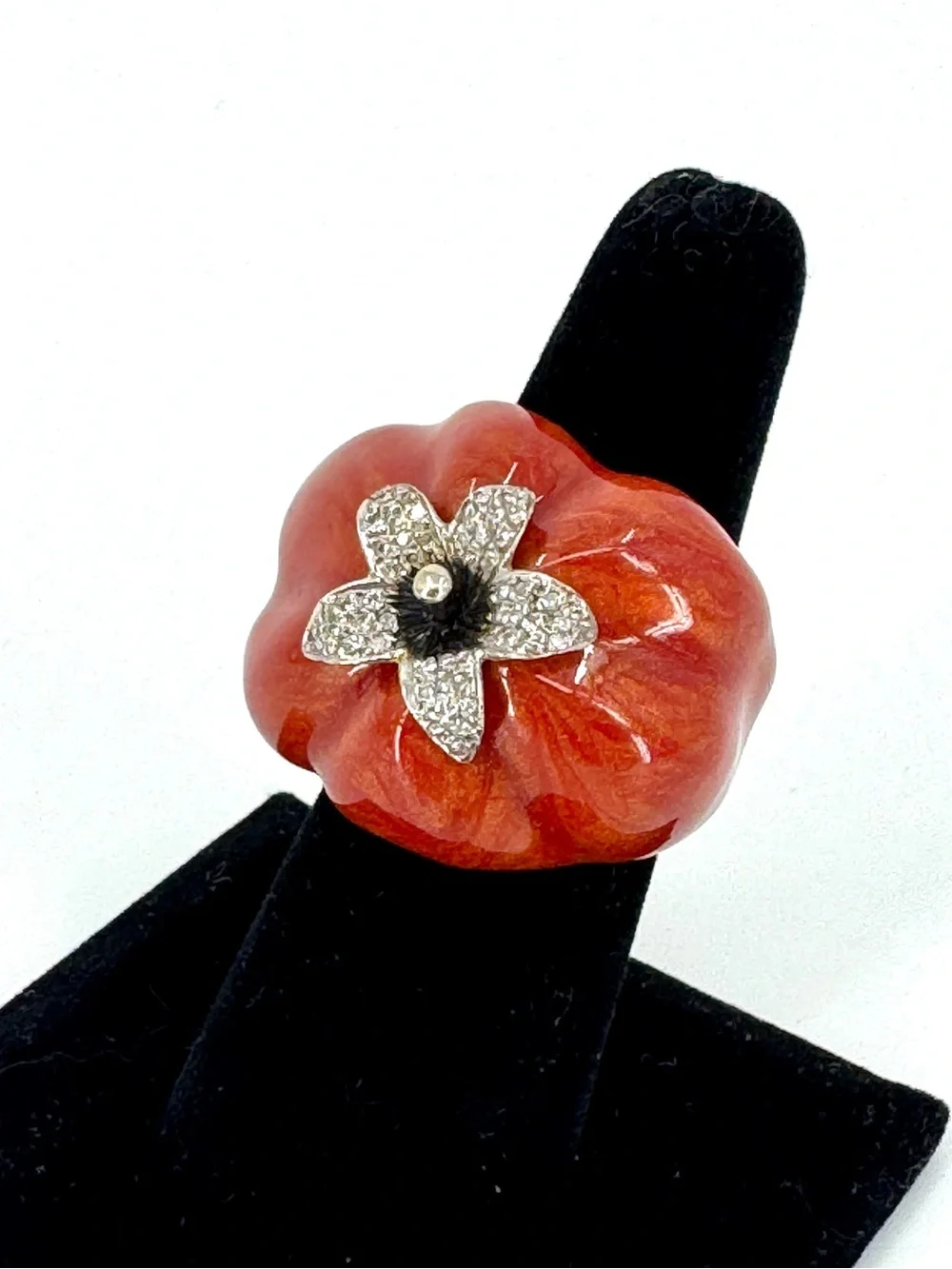Vintage Floral 18k Gold Enamel Statement Ring with Pave Diamonds